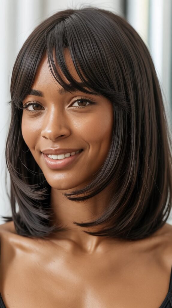 Polished Long Bob with Structured Curtain Bangs