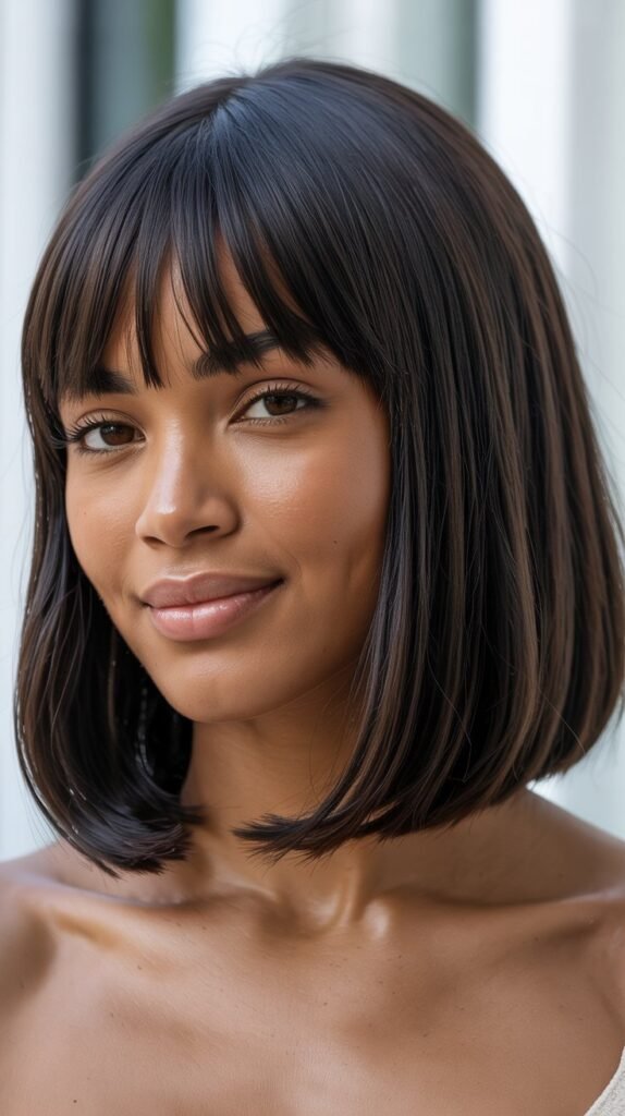  Long Bob with Curtain Bangs and Precision Cut