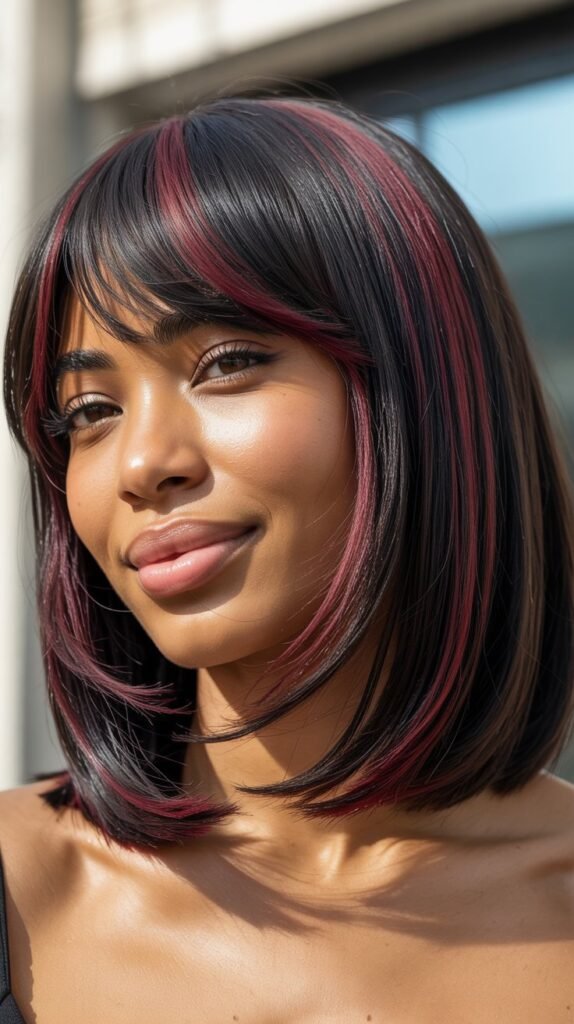 Long Bob with Curtain Bangs and Burgundy Accents