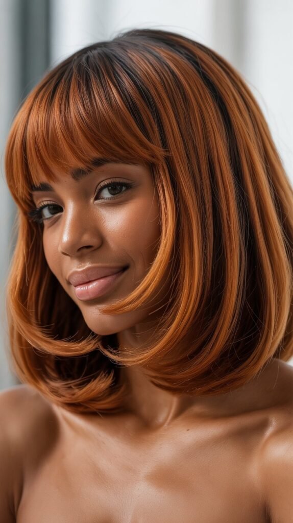 Long Bob with Curtain Bangs and Copper Tones
