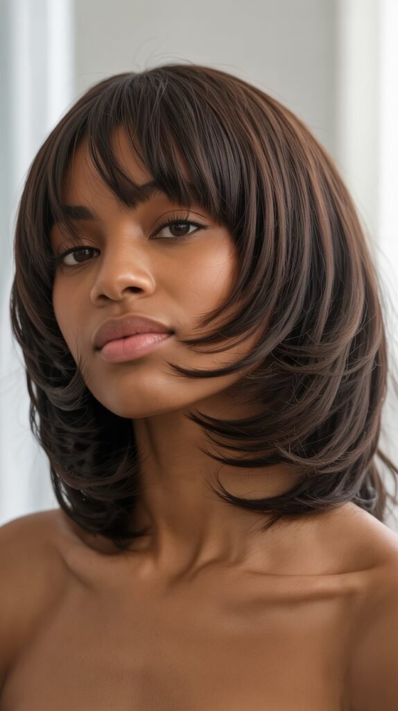 Layered Long Bob with Feathered Curtain Bangs