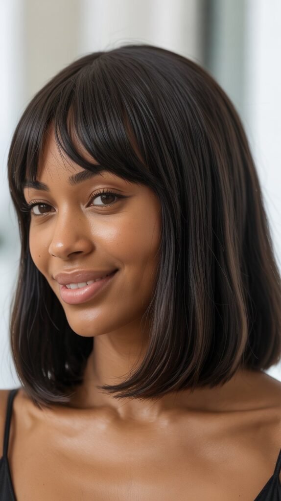  Classic Straight Long Bob with Soft Curtain Bangs