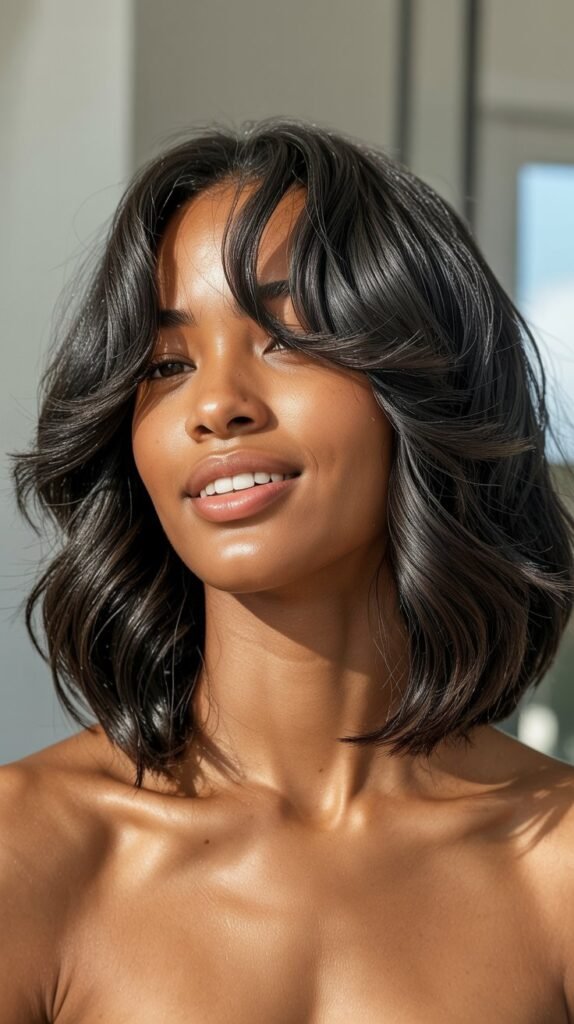 Textured Long Bob with Wispy Curtain Bangs