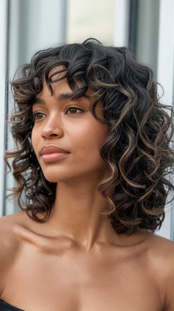 Curly Long Bob with Voluminous Curtain Bangs