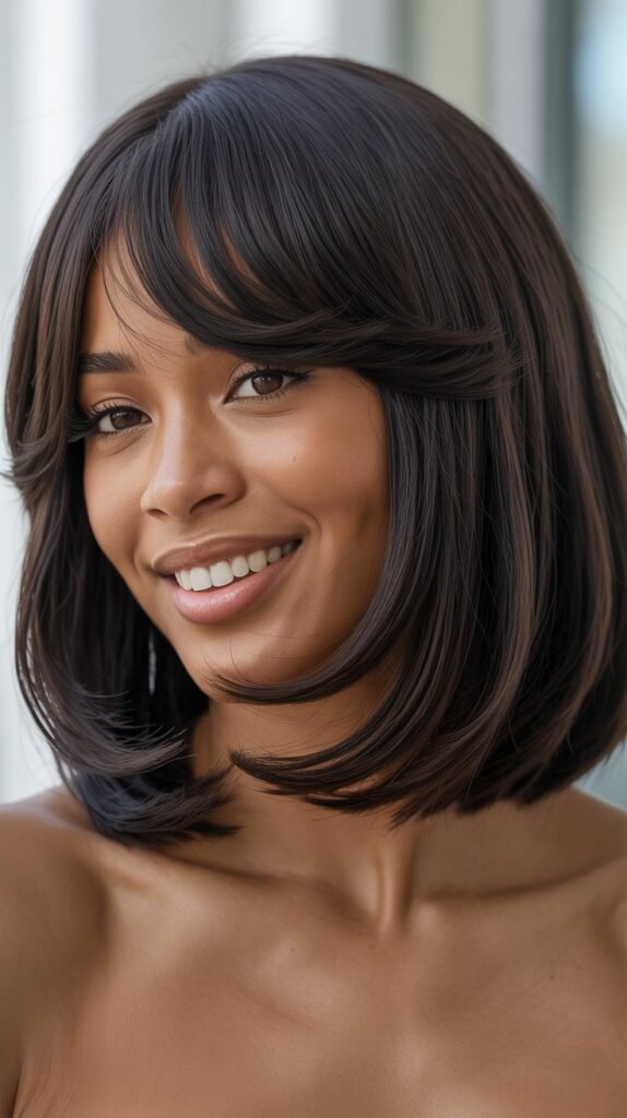 Long Bob with Curtain Bangs and Hair Extensions