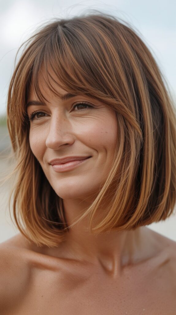 30 Stylish Long Bob with Curtain Bangs for Women Over 40 30 Long Bob with Curtain Bangs and Lived-In Color