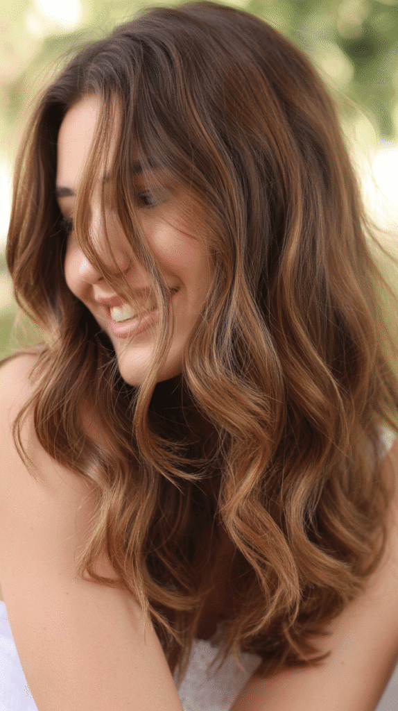  Lived-In Caramel Highlights on Brown Waves