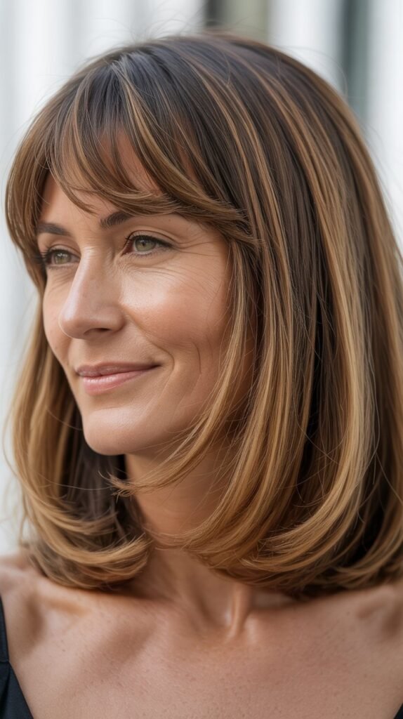 Long Bob with Curtain Bangs and Lived-In Color