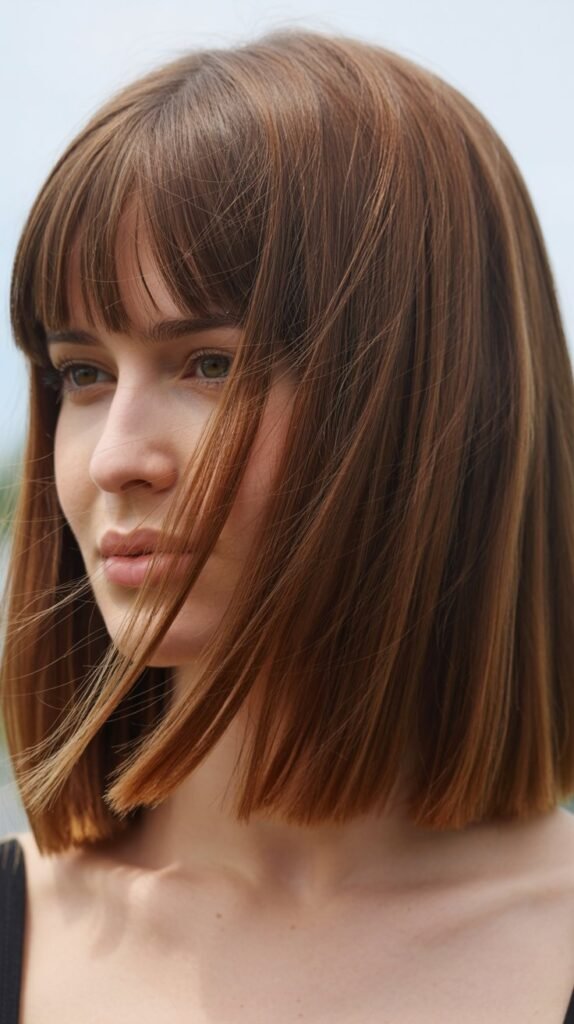  Long Bob with Curtain Bangs for Round Faces