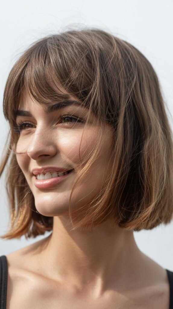 Tousled Long Bob with Brow-Skimming Bangs
