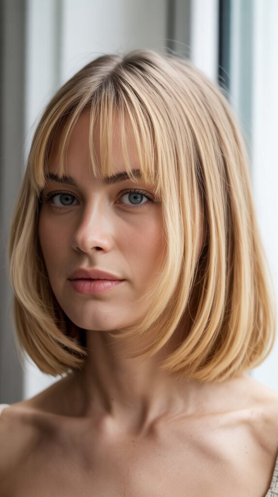 Brunette Long Bob with Curtain Bangs