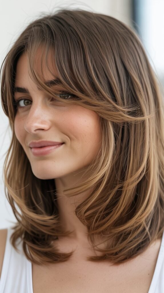Layered Long Bob with Textured Curtain Bangs