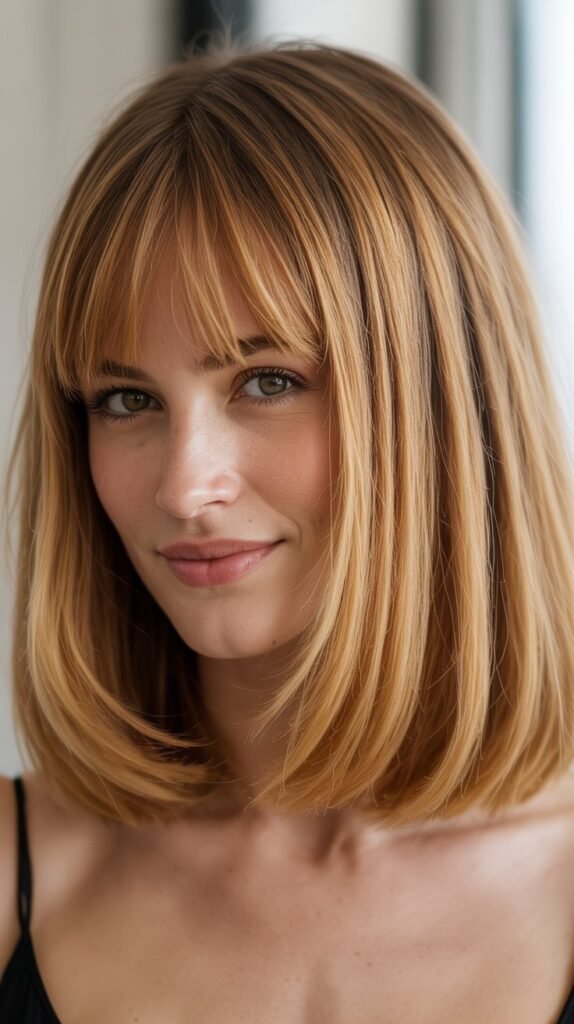 Honey Blonde Long Bob with Curtain Bangs