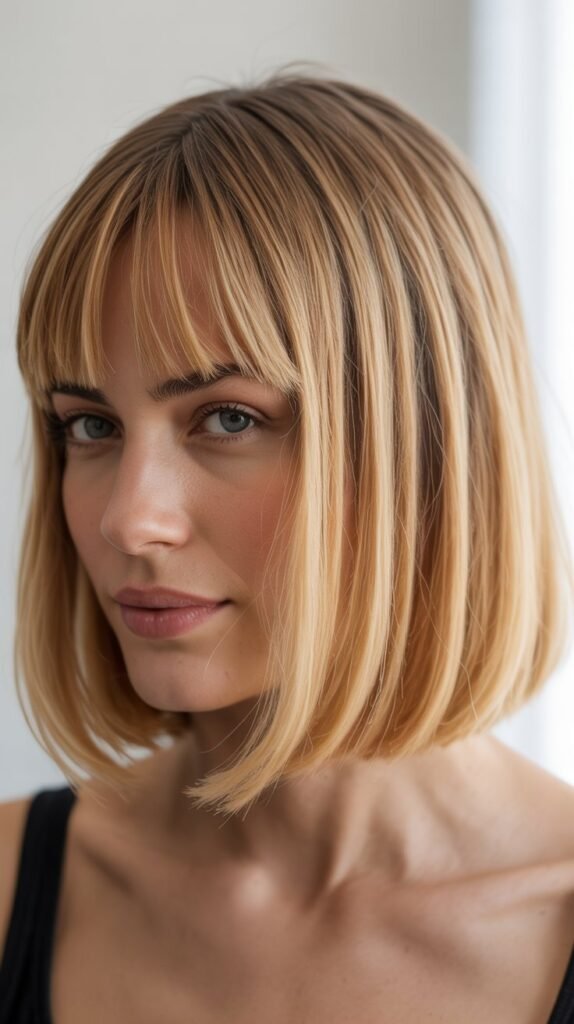Blonde Long Bob with Curtain Bangs