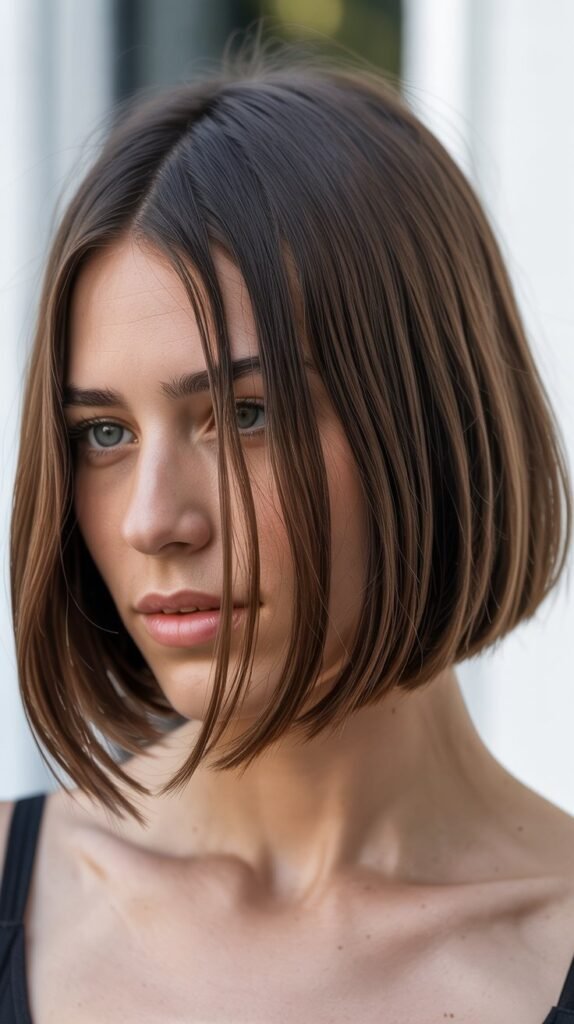  Angled Long Bob with Curtain Bangs