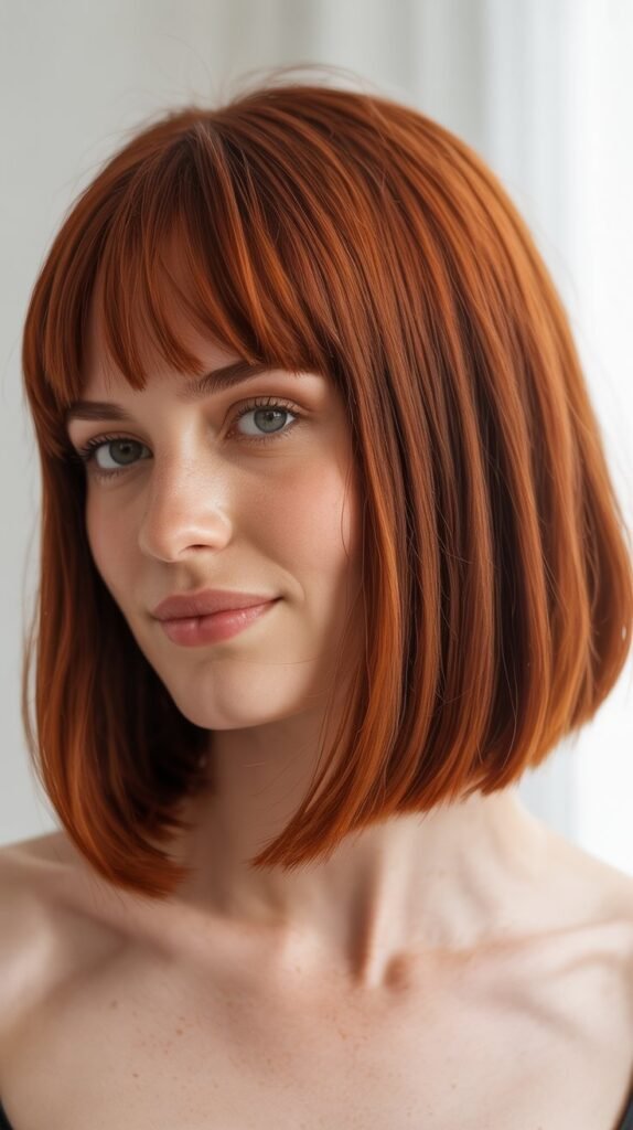  Red Long Bob with Curtain Bangs