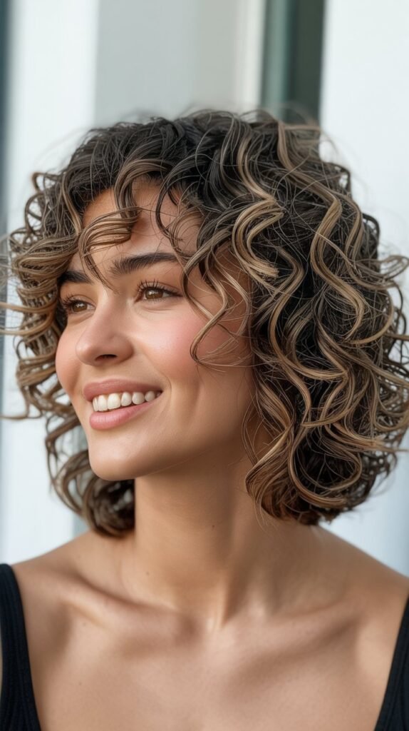 Curly Medium Angled Bob with Natural Curl Pattern