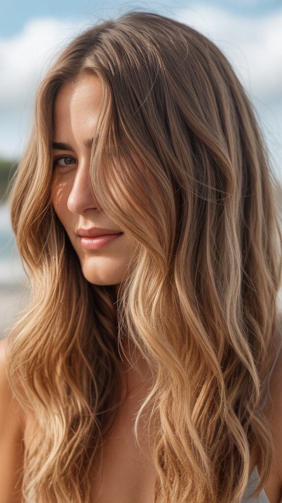 34 Trendy Brunette Balayage Hairstyles with a Money Piece 24 Neutral Brown Balayage with Sandy Blonde Money Piec