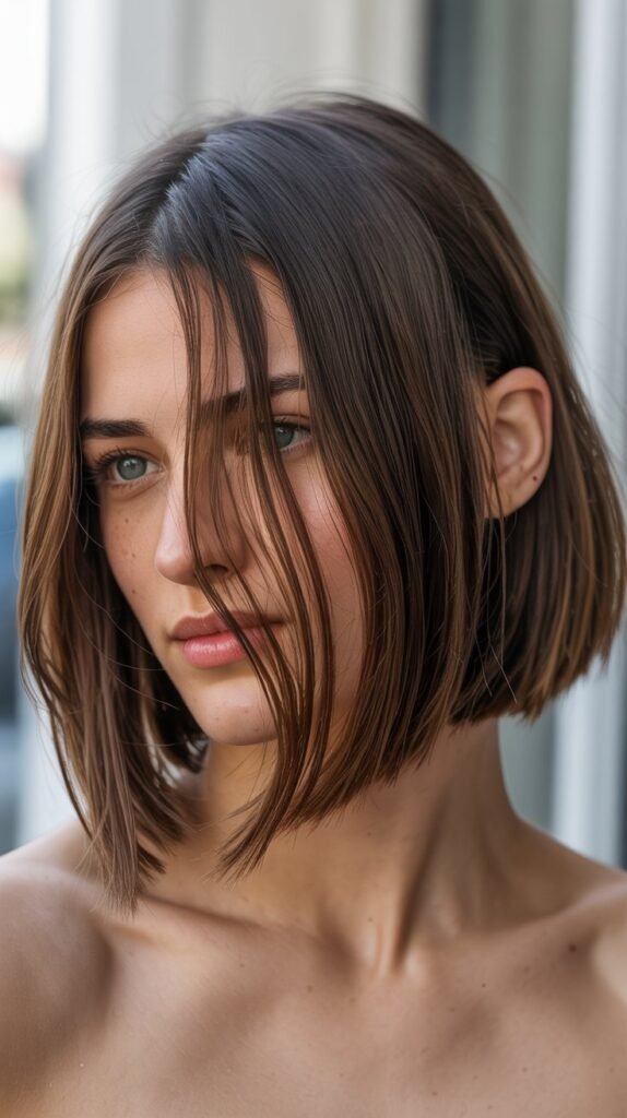 Asymmetrical Long Bob with Side-Part Curtain Bangs