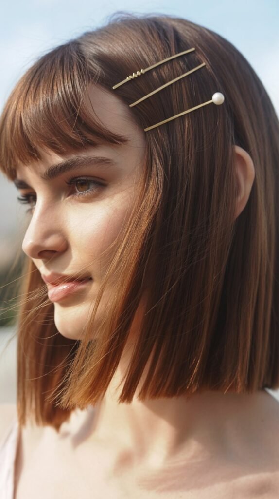 Long Bob with Curtain Bangs and Hair Accessories
