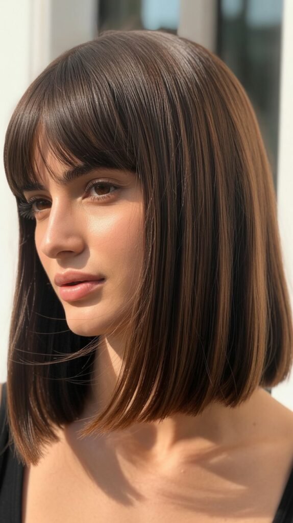 Sleek Straight Long Bob with Center-Parted Curtain Bangs