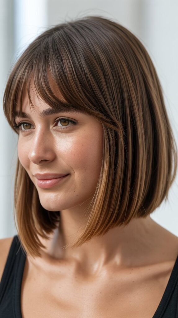 A-Line Long Bob with Graduated Curtain Bangs