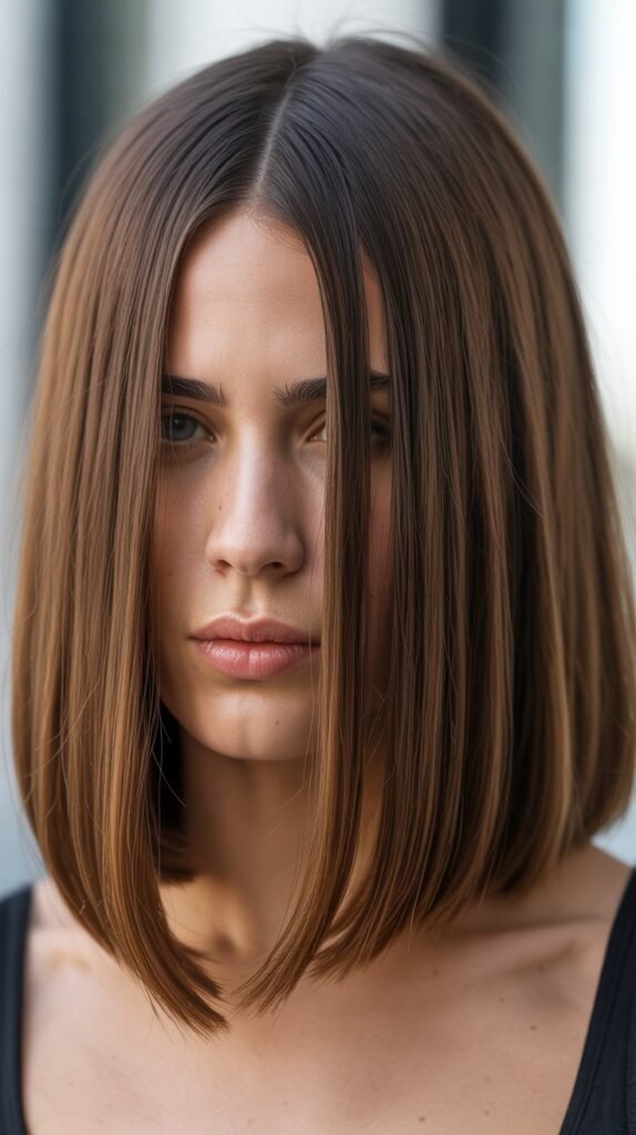 Sleek Straight Long Bob with Center-Parted Curtain Bangs