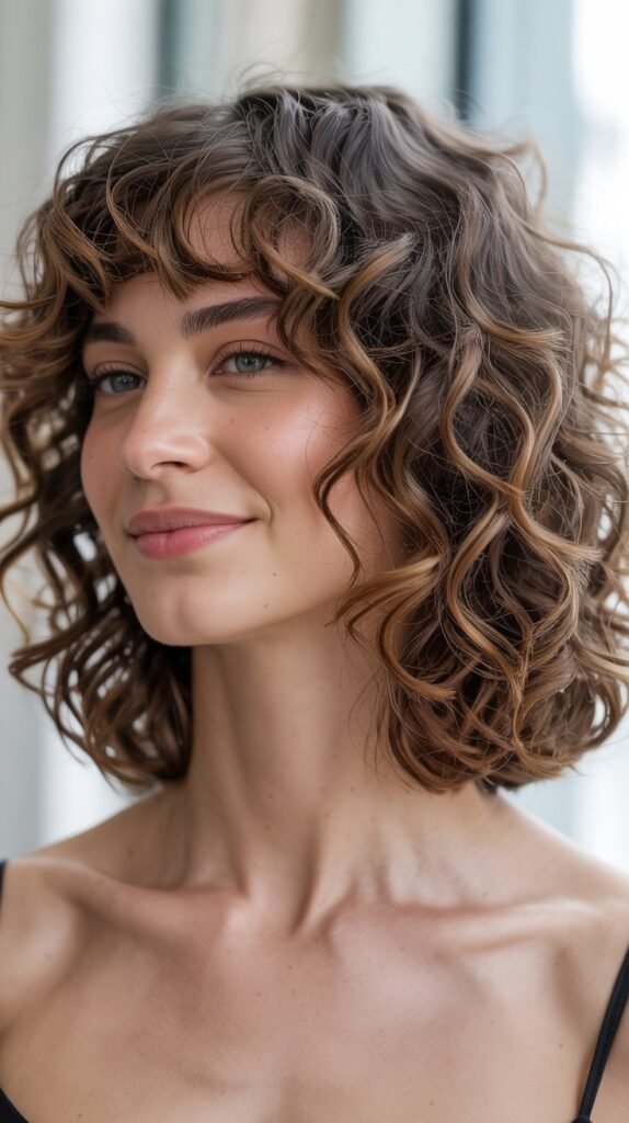 Curly Long Bob with Curtain Bangs