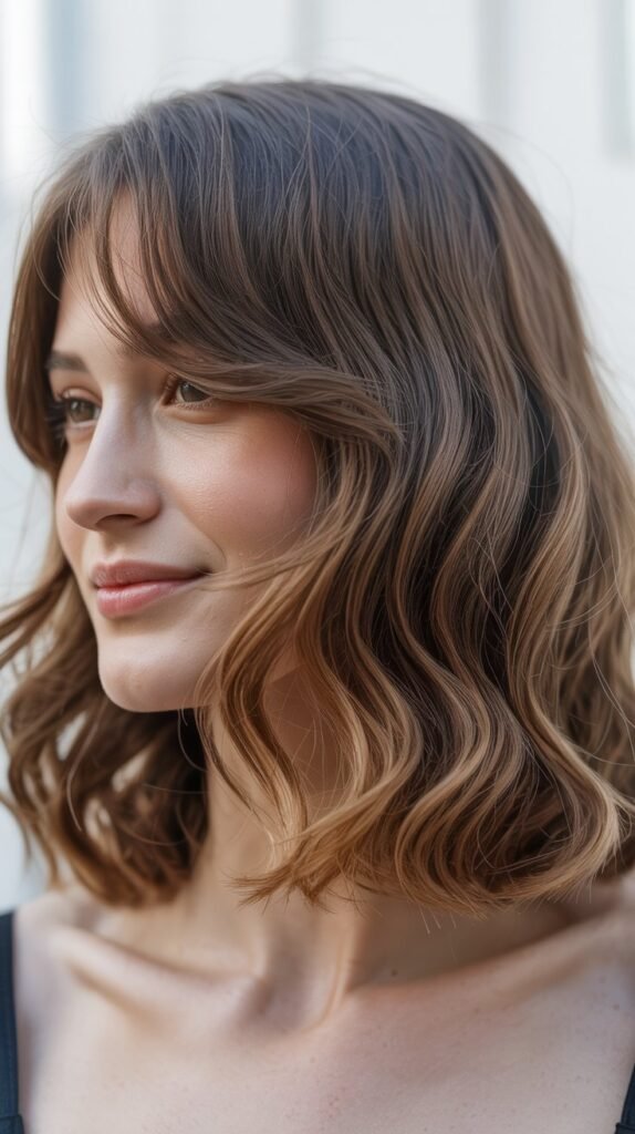 Wavy Long Bob with Side-Swept Curtain Bangs