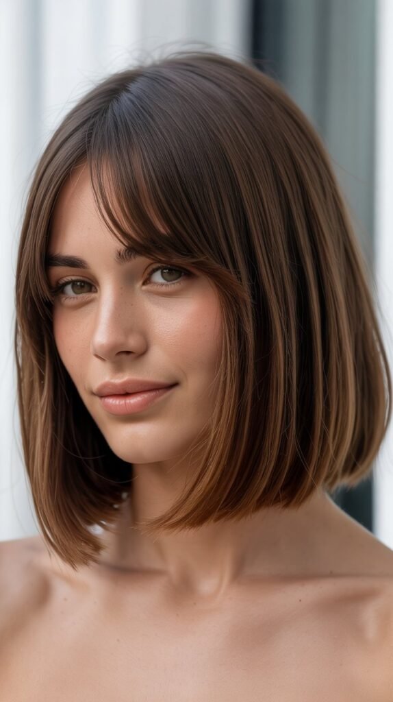 Classic Blunt Long Bob with Wispy Curtain Bangs