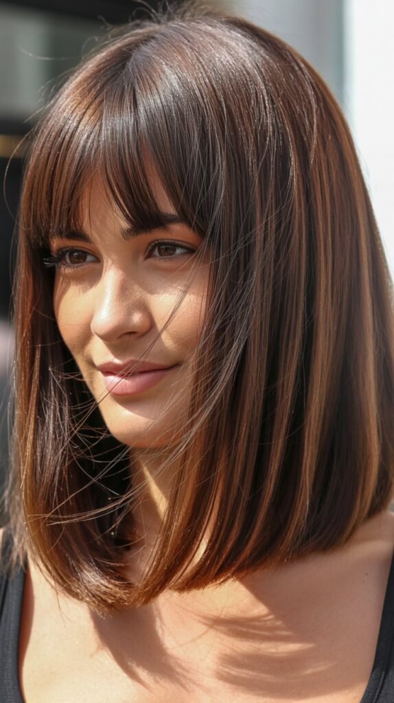 Brunette Long Bob with Face-Framing Curtain Bangs