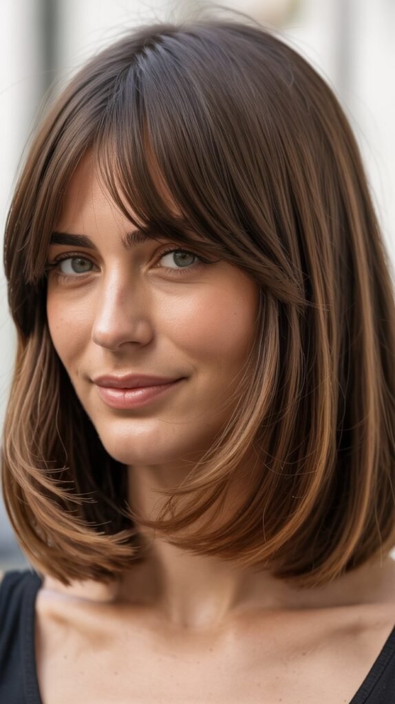 Long Bob with Curtain Bangs and Root Volume
