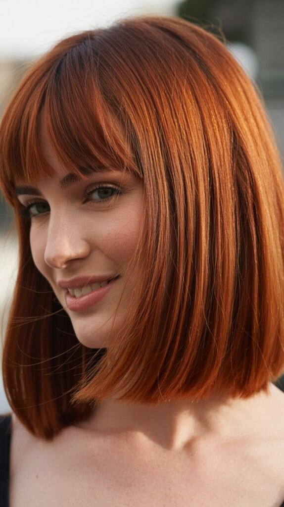 Copper Red Long Bob with Curtain Bangs