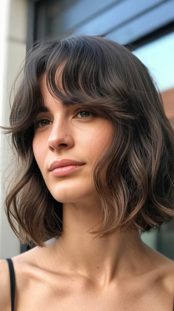 Tousled Long Bob with Messy Curtain Bangs