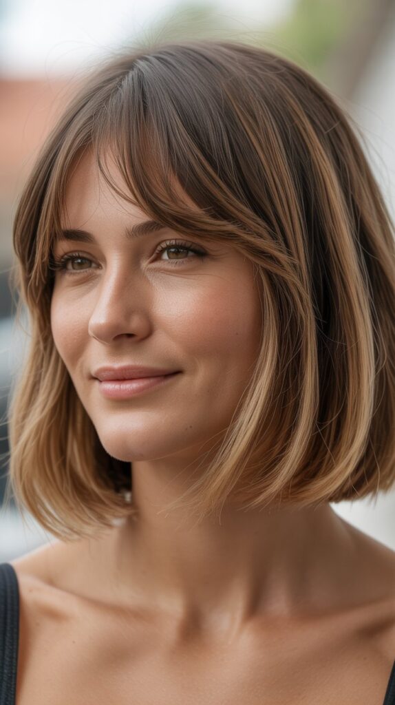  Long Bob with Curtain Bangs and Natural Root Growth
