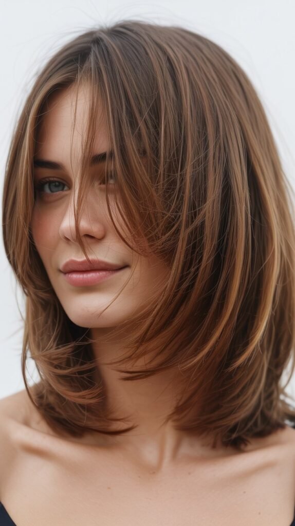 Layered Long Bob with Face-Framing Curtain Bangs