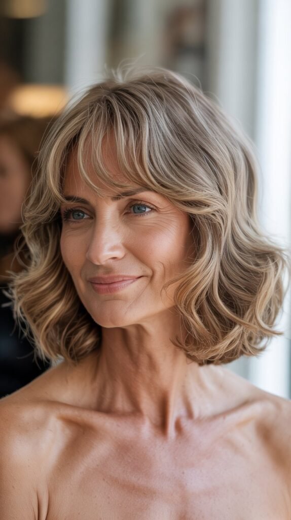 Wavy Long Bob with Feathered Curtain Bangs
