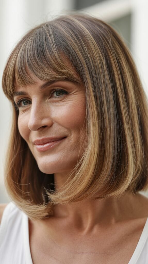 Long Bob with Curtain Bangs and Money Pieces