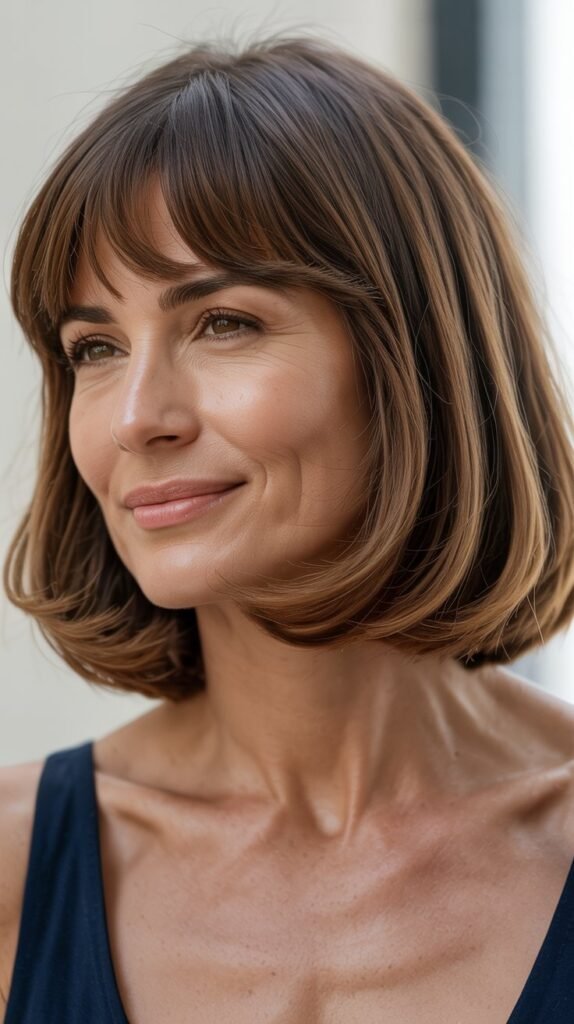 Long Bob with Curtain Bangs for Square Faces