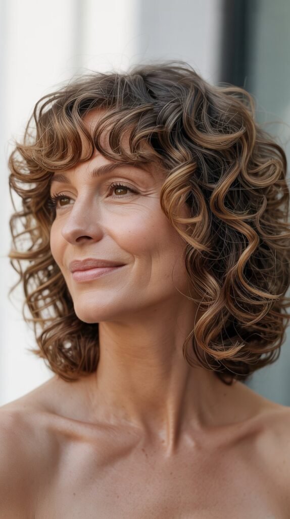 Curly Long Bob with Curtain Bangs