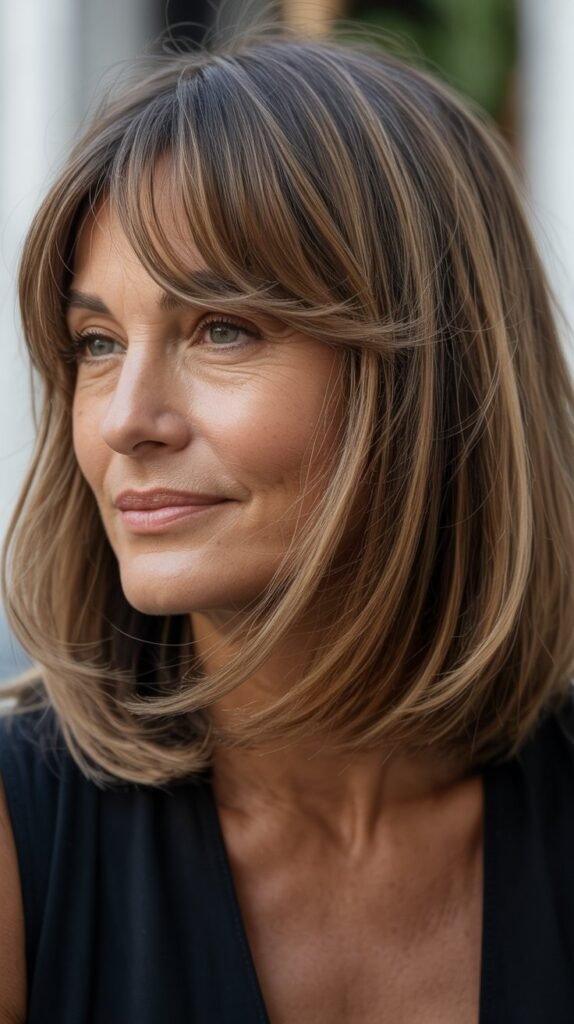 Textured Long Bob with Wispy Curtain Bangs