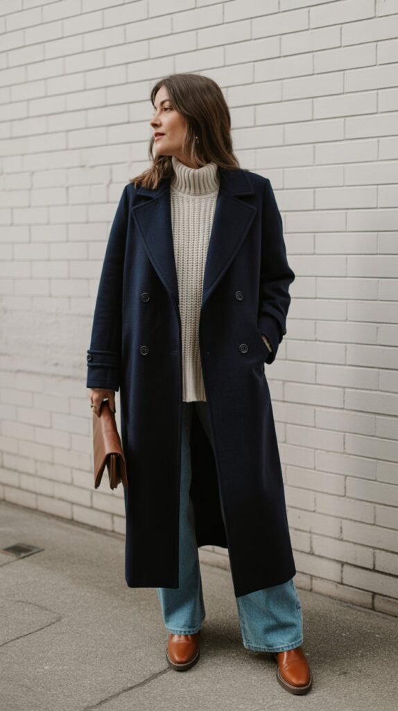 28 Classy Winter Outfits for Women for an Elegant Cold-Weather Look 5 Navy Wool Coat with Cream Sweater
