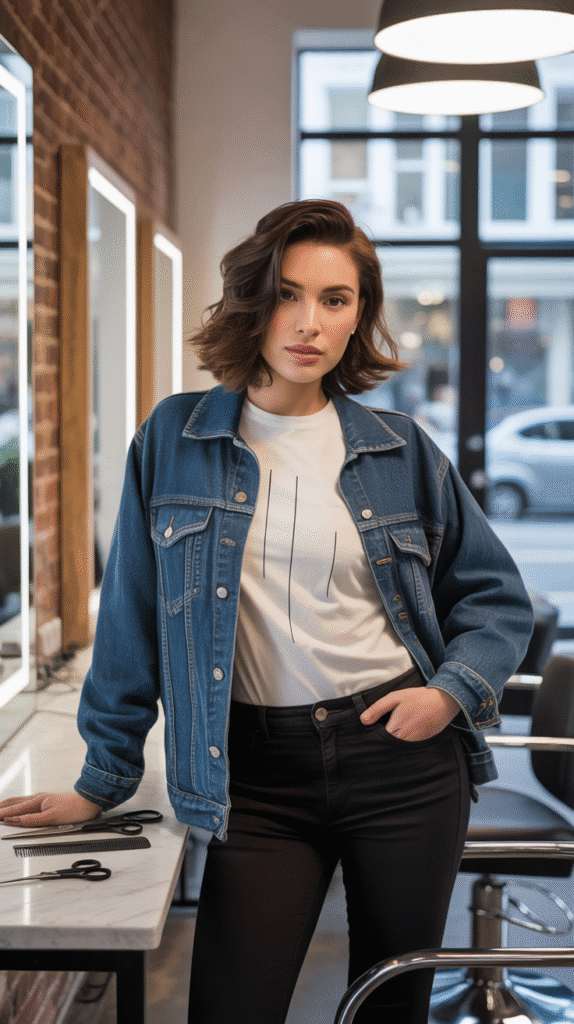 28 Cozy Hairstylist Outfits for Work in Fall 10 Denim Jacket Over Graphic Tee
