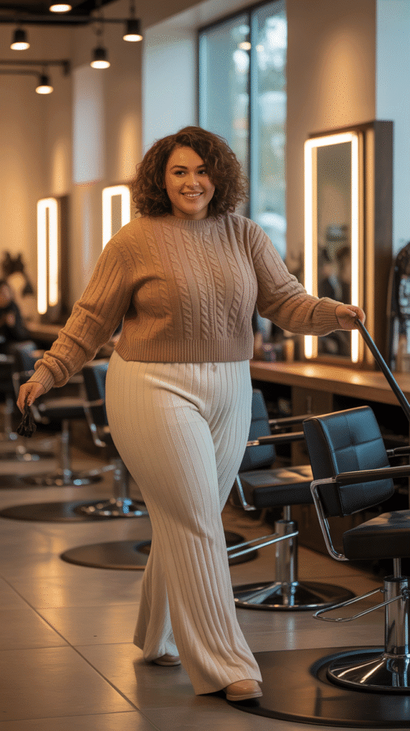 32 Flattering Plus-Size Hairstylist Outfits for Work 14 Comfortable Knit Coordinates