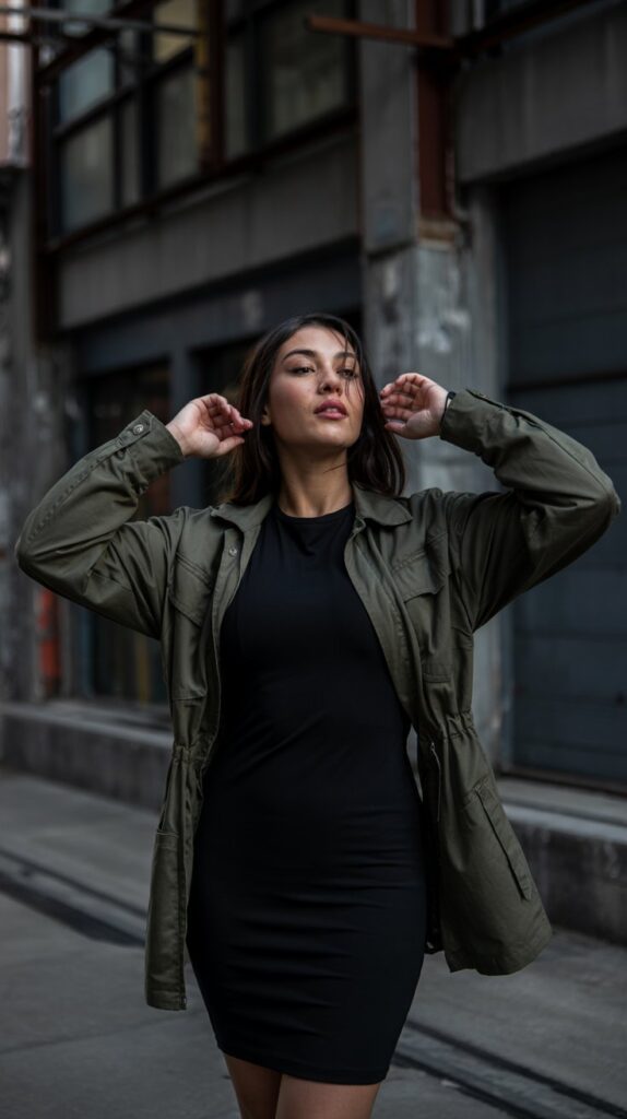 32 Casual Night-Out Fall Outfits for Women 9 Utility Jacket with Bodycon Dress