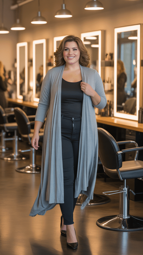 32 Flattering Plus-Size Hairstylist Outfits for Work 16 Versatile Cardigan-Centered Outfits