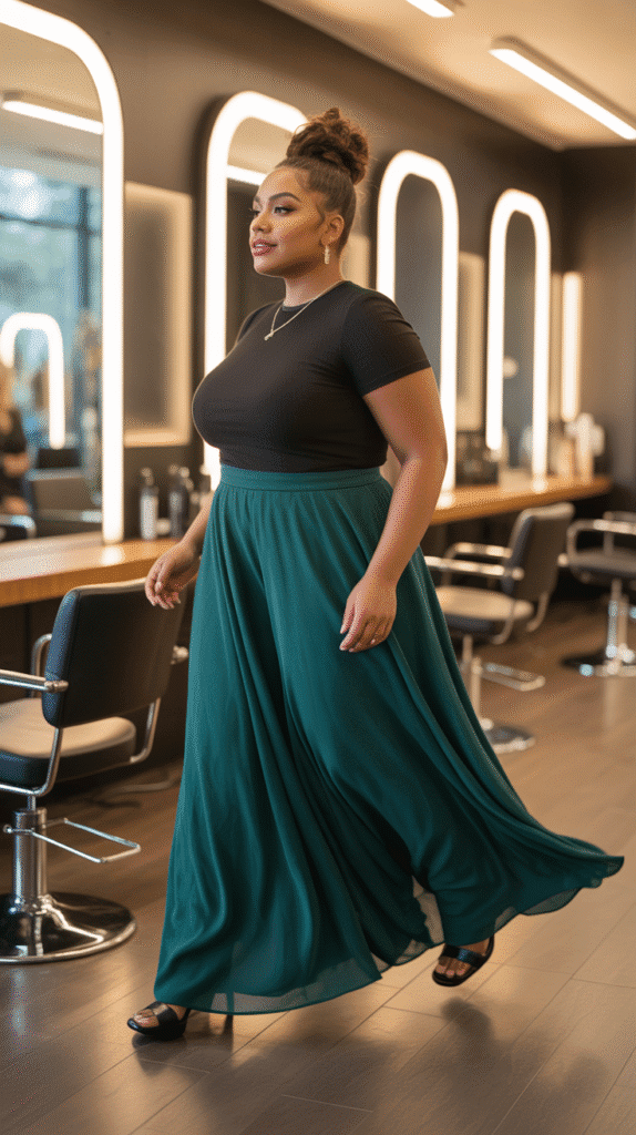 32 Flattering Plus-Size Hairstylist Outfits for Work 17 Flowy Maxi and Midi Skirt Combinations