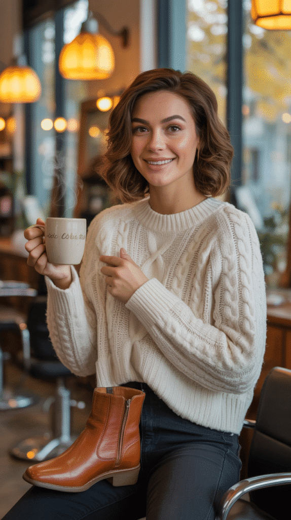 28 Cozy Hairstylist Outfits for Work in Fall 14 Cream Cable Knit Sweater with Cognac Accessories