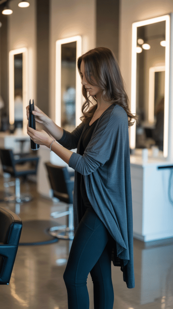 27 Everyday Hairstylist Work Outfits 6 Black Leggings with Longline Cardigan