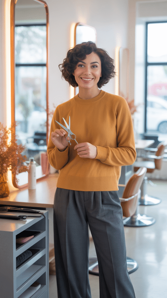 28 Cozy Hairstylist Outfits for Work in Fall 11 Mustard Yellow Sweater with Gray Pants